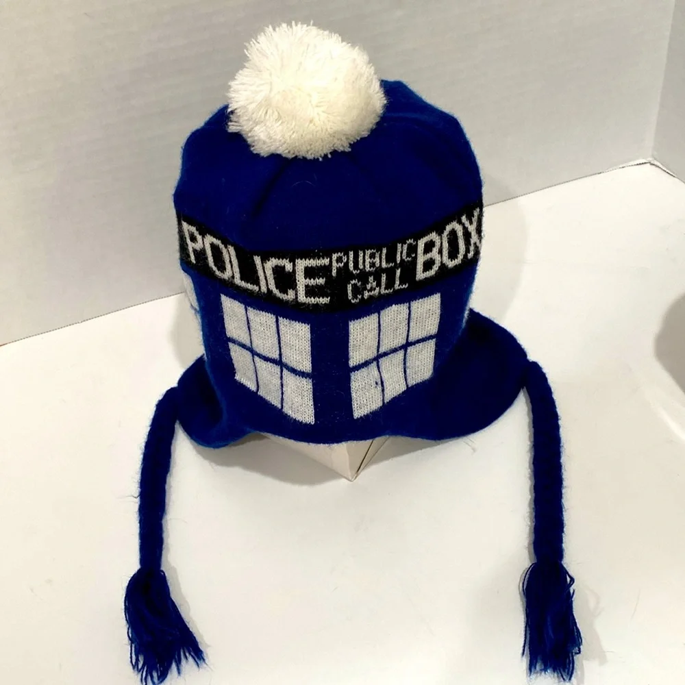 DR WHO BBC Blue & White Police Public Call Box “TARDIS” Knit Beanie /Hat - Picture 5 of 7